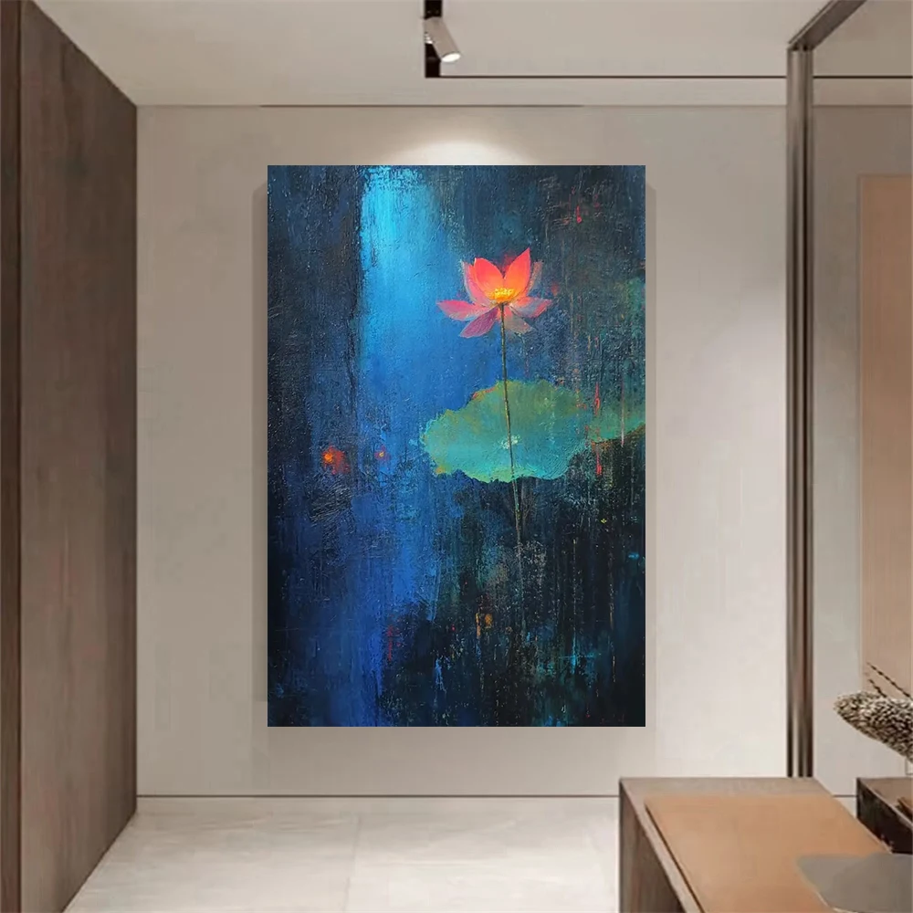 

Картина маслом «Лотос Дзен» ручной работы, настенное искусство в новом китайском стиле для гостиной, синяя картина на холсте для прихожей и чайной комнаты