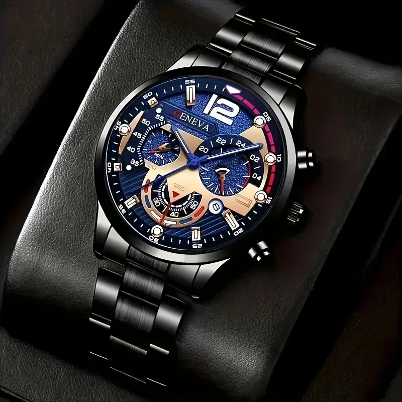 ชุดนาฬิกาควอทซ์ผู้ชายทันสมัย 4 ชิ้น, จอแสดงผลอะนาล็อกทรงกลมกันกระแทก, สายรัดและเคสโลหะผสม, ชุดนาฬิกาที่ไม่มีกล่อง