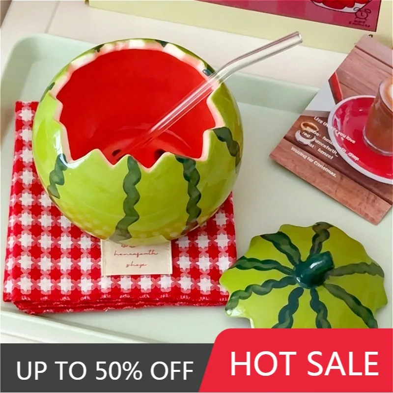 Watermelon Bowl Cute Pretty Ceramic Bowls With Lid Creative Large Capacity Kitchen Dishes Fruit Salad Bowls Table Decoration