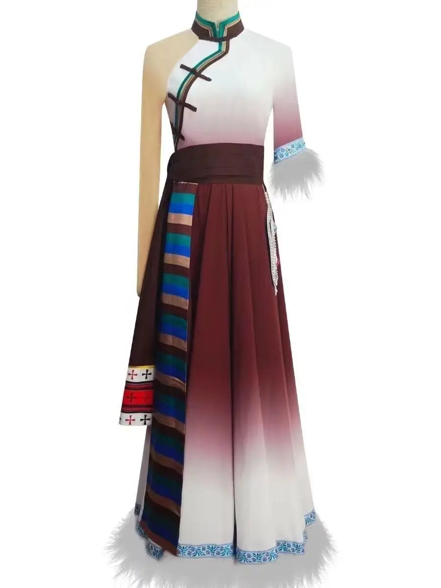 التبتية Tsering Lhaso أداء الرقص زي العرقية طالبة الفن امتحان الرقص ممارسة الرقص نصف طول تنورة الرقص #5