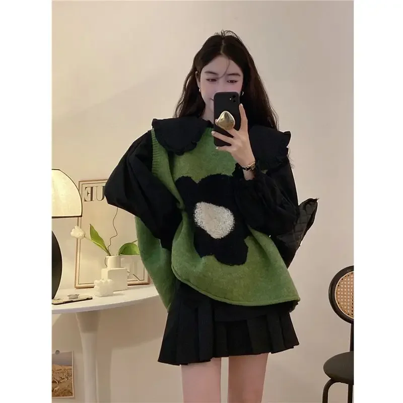 

Women Clothing 2022 Autumn Winter Design Sense Knit Vest Doll Collar Loose Long Sleeve Shirt Women Casual Simple Two Piece Set