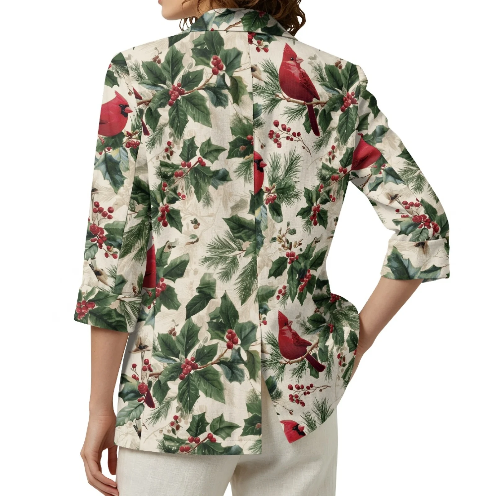PENSTROLL Cardinal Holly Print Linen Like Beach Cover Up Fall Outwear Tops for Women Lightweight Beach Cardigan