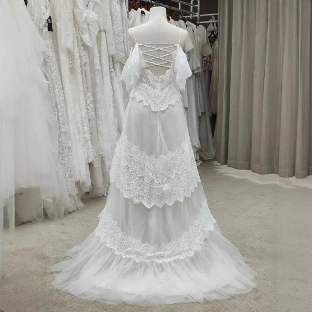 Customized ZJ4060 2024 Modest Brush Train Wedding Dresses Brides Gown Tiered Appliques Backless Sposa Vestidos Bridal Party