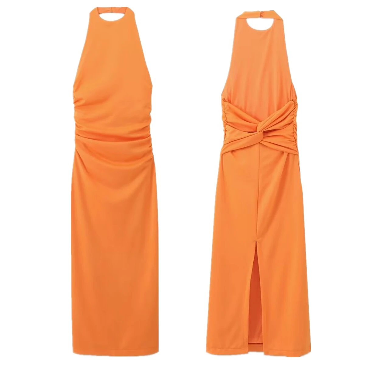 

Maxdutti Vestidos Fashion Orange Dress Women Summer Suspenders Color Sheath Sleeveless Pleated Midi Dress