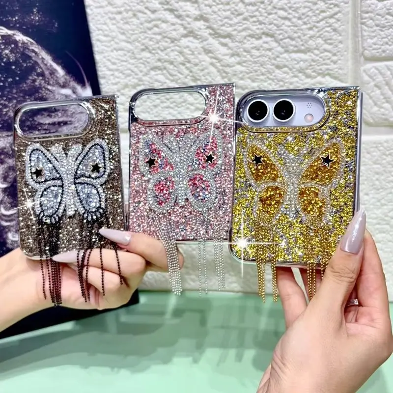 Luxury Retro Glam Glitter Butterfly Tassel Phone Case for iPhone Duo Sparkling Granule Back Plating Frame Protective Cover