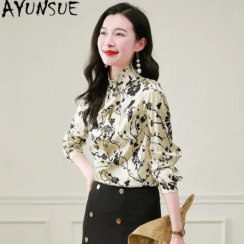 

AYUNSUE 90% Silk Women's Blouses Stylish Printed Long Sleeve Tops for Woman Business Style Blouse Woman Clothes Рубашка Женская
