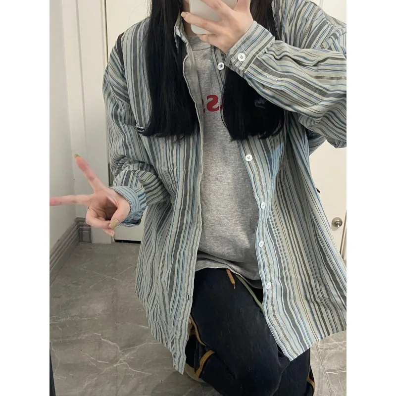 QWEEK Vintage Striped Preppy Korean Style Shirts Oversized Harajuku Casual Blouse Long Sleeve Minimalist Women's Autumn Clothing