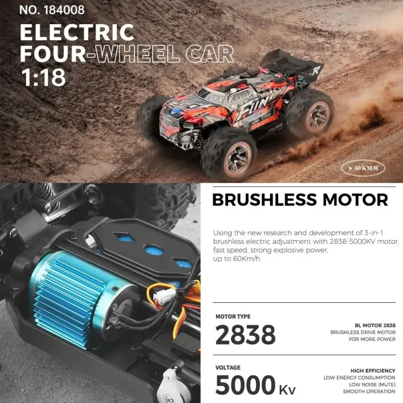 XKS WLTOYS 184008 1/18 70KM/H Brushless 4WD 2.4G Three-in-one Electric BigFoot Truck  Rc Cars for Adults  Rc Drift Car