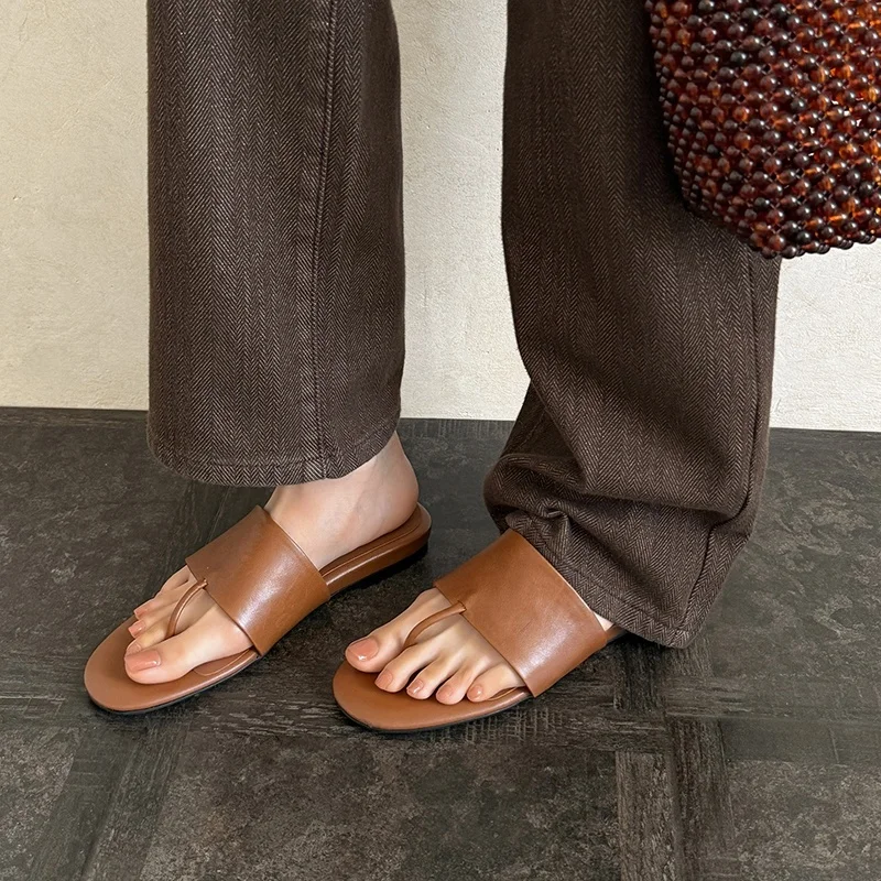 MKKHOU Fashion Slippers Women's New High Quality Genuine Leather Round Head Flat Shoes Summer Women's Sandals Shoes