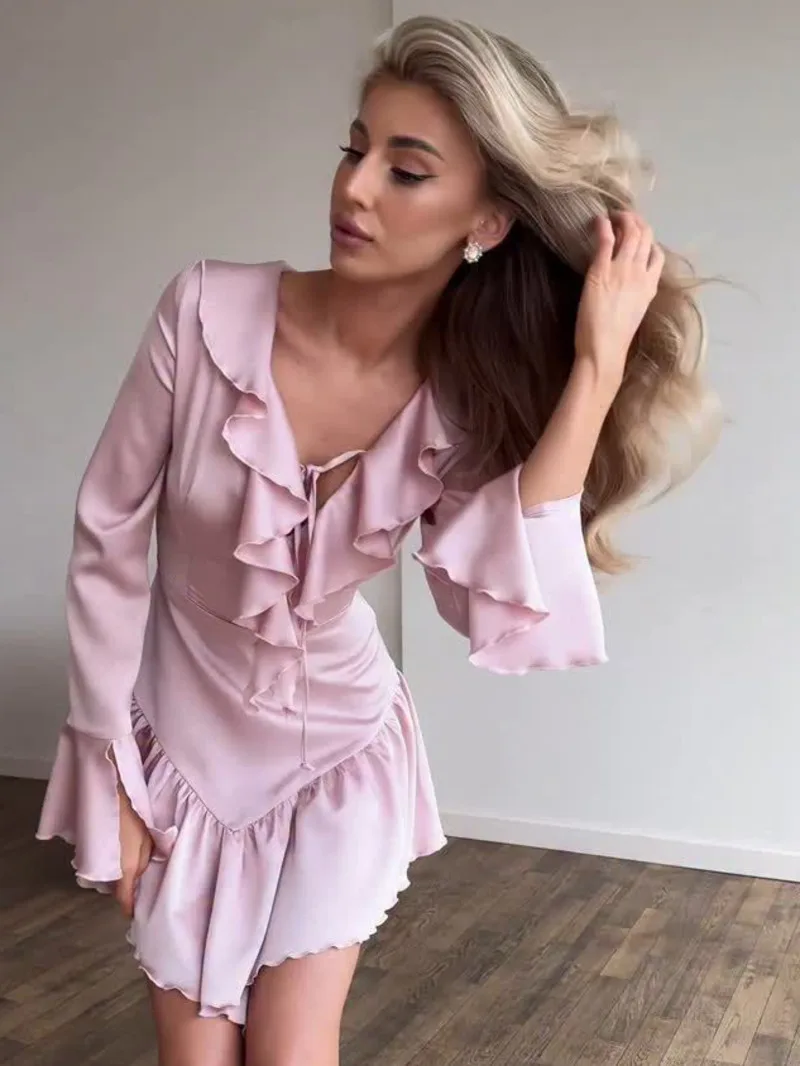 Elegant Satin Ruffle Trimmed Mini Dresses Women's 2025 New Chic Design Ruffled Neckline＆Flared Cuffs Lady Sweet＆Stylish Outfits