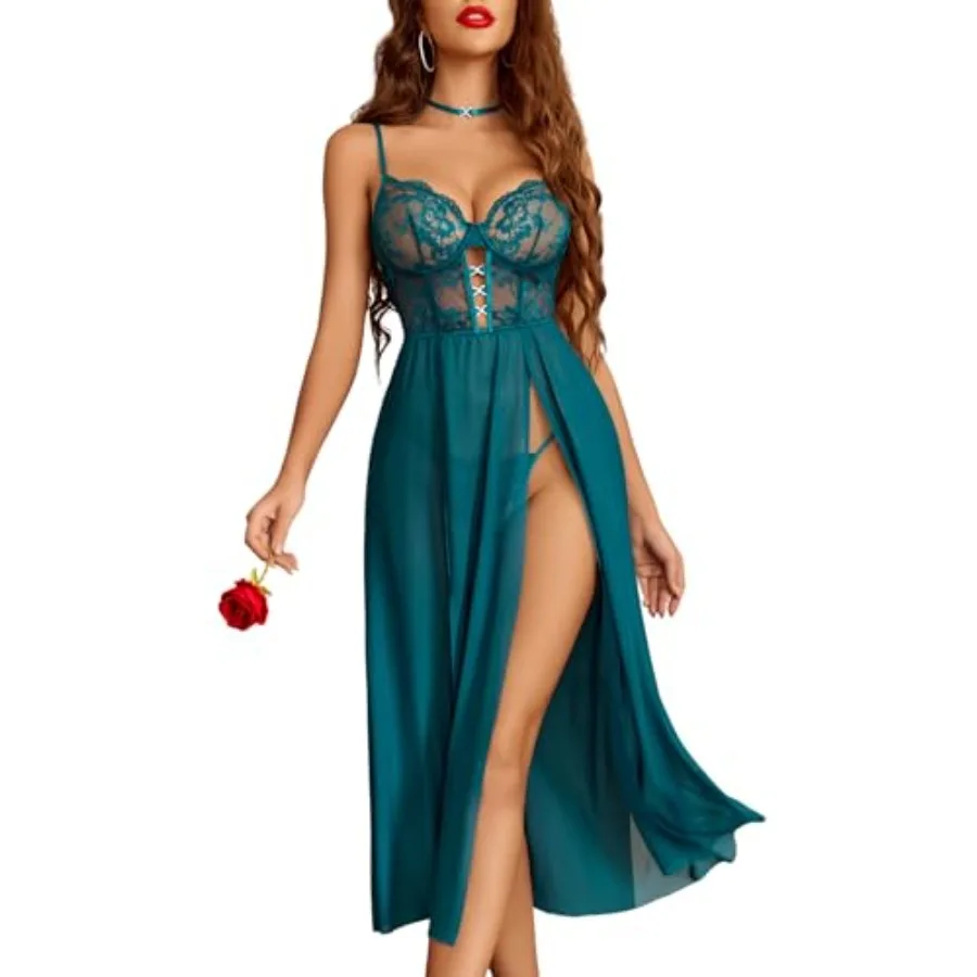 

Sexy Lingerie for Women Lace Mesh Babydoll Sleepwear Side Split V Neck Nightgown for Honeymoon Anniversaries