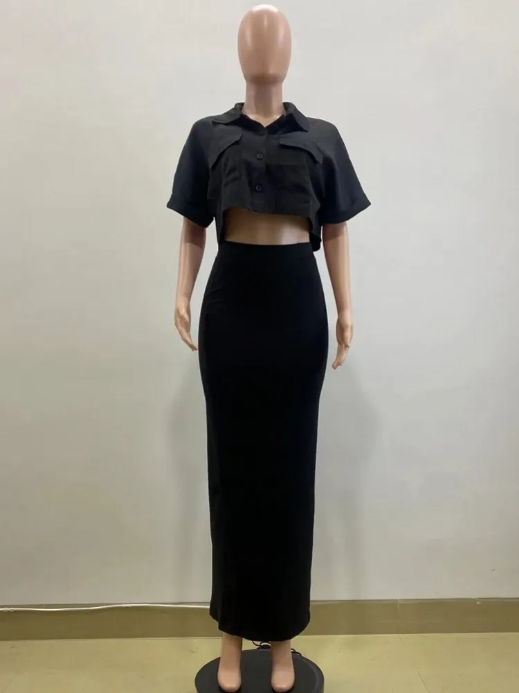 2 Pieces Set Sexy Fashion Women Set 2024 Spring Summer Female Tops Solid Color Short Sleeve Tops And Midi Skirts Outfit