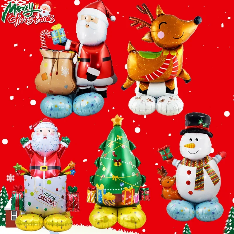 Santa Claus Self Standing Balloons Large Christmas Snowman Xmas Tree 4D Aluminum Foil Balloon with Base Party Gift Home Decor