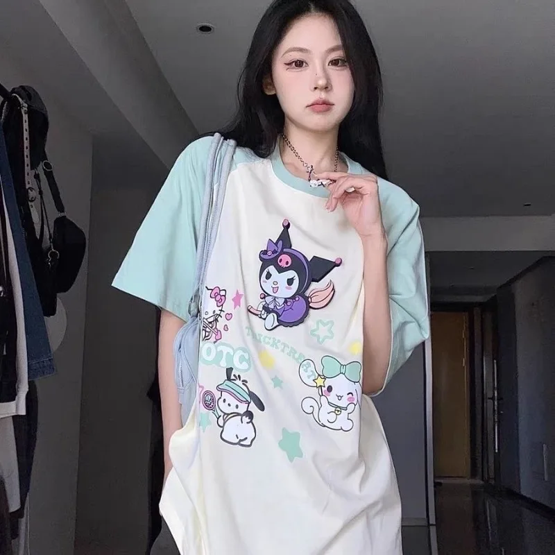 Sanrio Hello Kitty Dopamine Dressing Fun Cartoon Print Kuromi Raglan T-shirt for Women Summer New Cute Sweet Versatile Y2k Tops