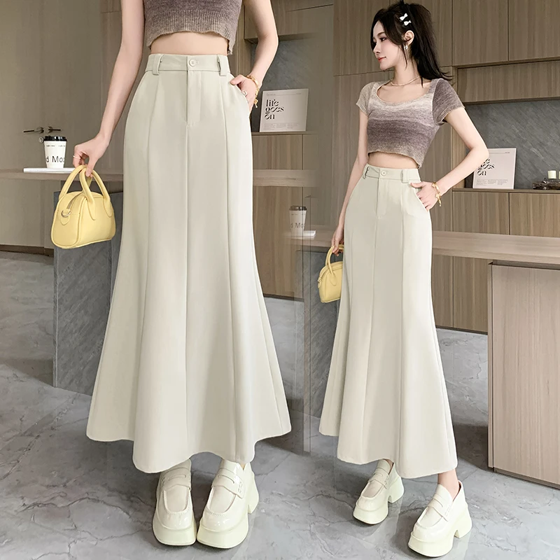 

Coigarsam Women Long Skirt Spring 2024 New Solid High Waist Gray Black Skirts