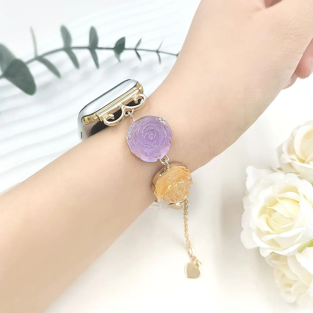 สายรัดเรซินสําหรับ Apple Watch Band Girls หวานสีสัน Rose สร้อยข้อมือสําหรับ Iwatch 987654 SE Ultra Metal Cleat อุปกรณ์เสริมข้อมือ