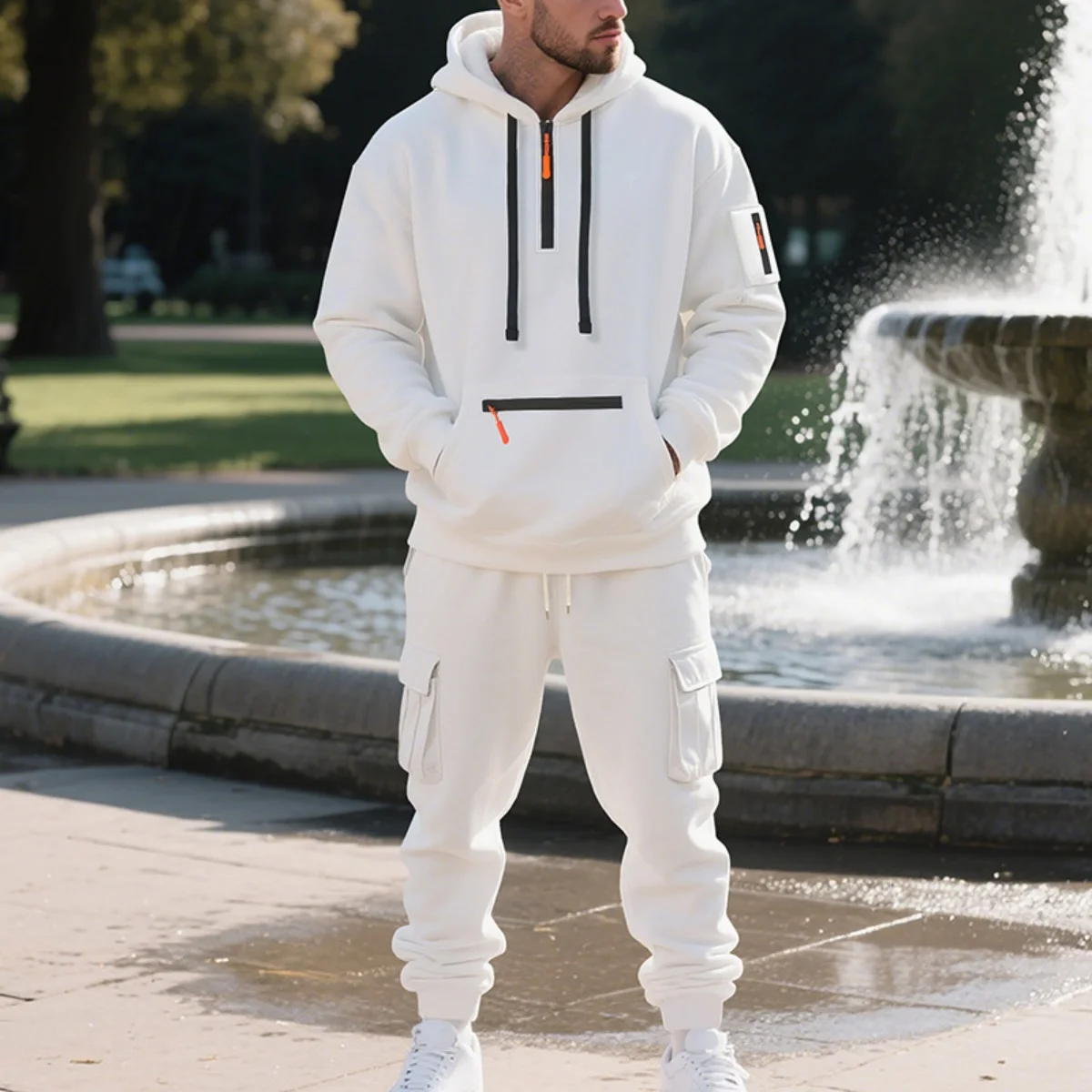 Men's Fleece Hooded Half-Zip Sweatshirt And Loose Sport Pants Set Casual Autumn/Winter Multi-Pocket Fashion Track Suit - Image 3