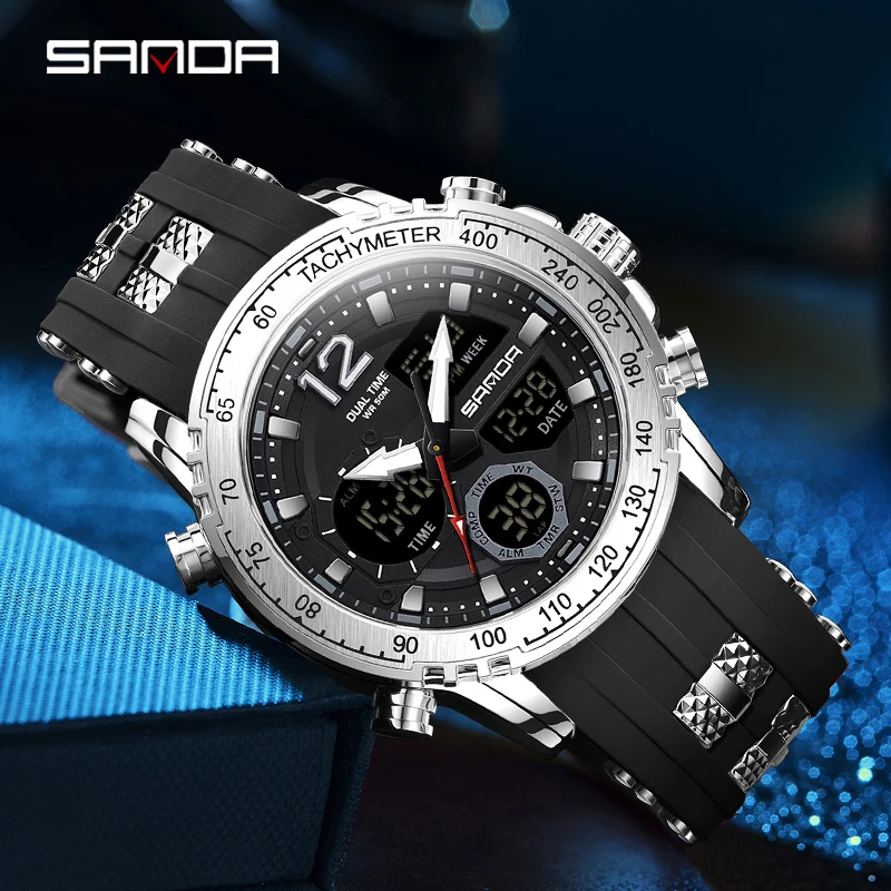 SANDA Military Sports LED Electronic Quartz Dual Display Men\'s Watch Multi Functional Waterproof Men Clock New Relogio Masculino