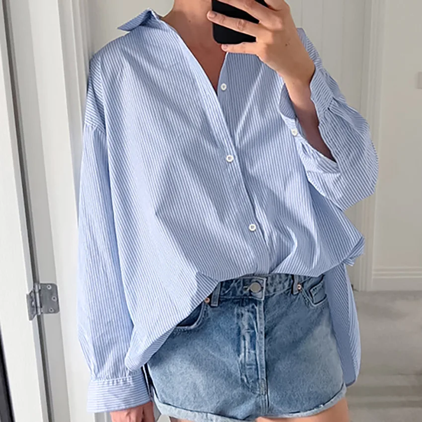 Bornladies Women\'s Shirt 100% Cotton Blue Striped Long Sleeved Leisure And Fashion Versatile Shirt Top Blue Loose Fitting Shirt