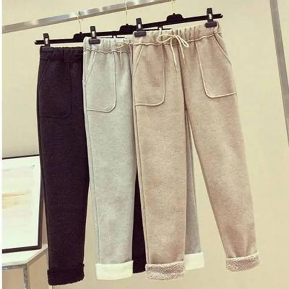 Women Harem Pants Autumn Winter Elastic High Waist Thickened Velvet Lining Pants Pockets Imitation Cashmere Trousers