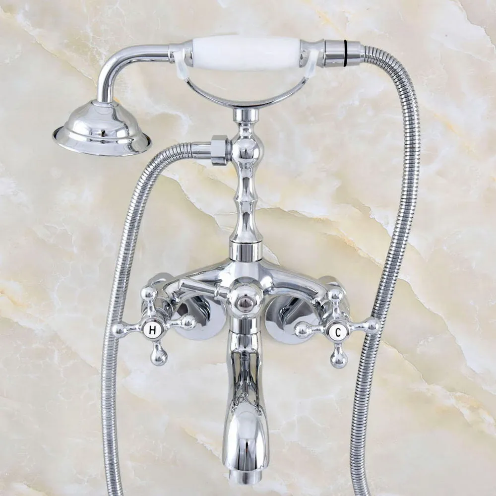 

Polished Chrome Brass Claw-foot Bathtub Faucet Wall Mounted Tub Filler Handheld Shower - Adjusts From 3-3/8" aqg407