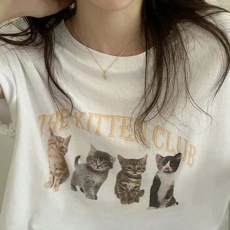 

Kawaii Women's T-shirt Gothic The Kitten Club Print Street Wear White T-shirt Men Short Sleeved Pattern Grunge Cute T-shirt