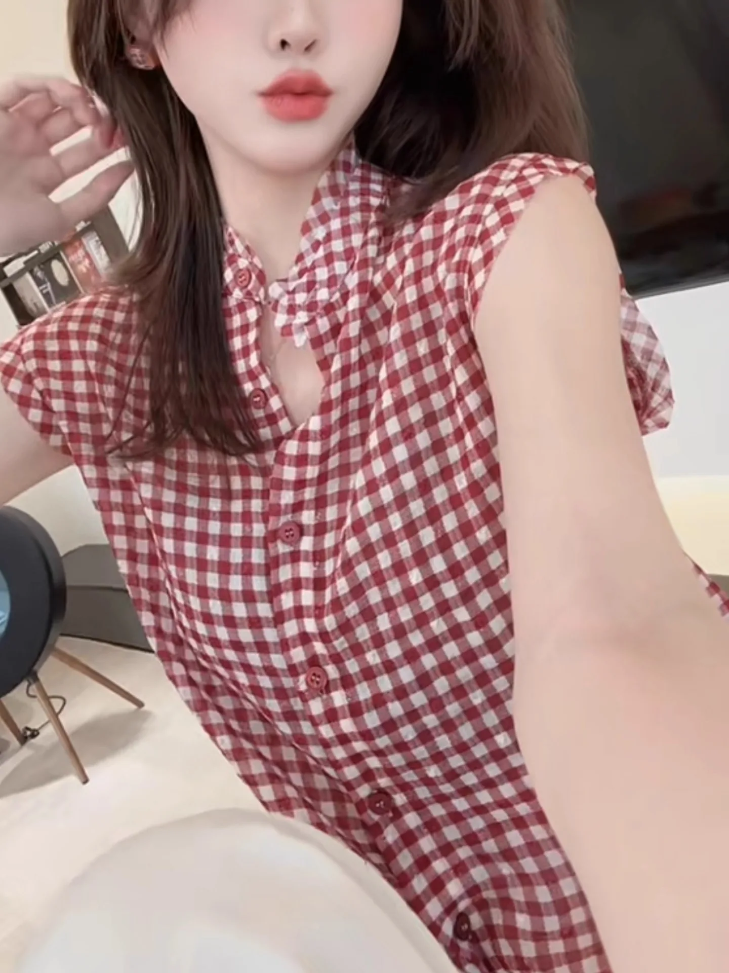 

Модная женская рубашка Sweet Sle Plaid Svel в корейском стиле, прямого кроя, из шелка, с воротником и одной пуговицей, летняя коллекция.