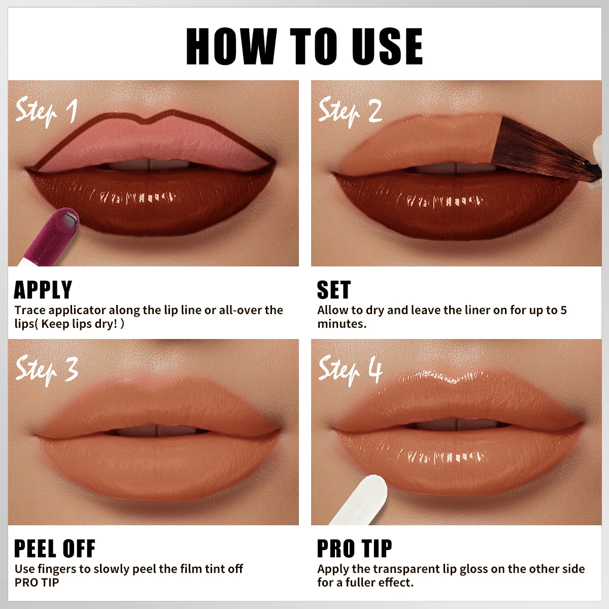 QIC Wasserdichter Lipliner, abziehbarer Tattoo-Lipgloss, langlebig, matte Lippentönung, braune Kontur, abreißbare Lippen, Fleck, Kosmetik