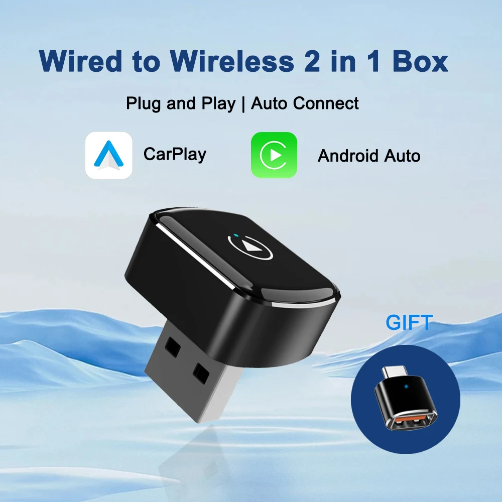 2 in 1 Car Wireless CarPlay Adapter & Android Auto Adapter Type-C/USB Fast Connection Wired to Wireless for IPhone/Android