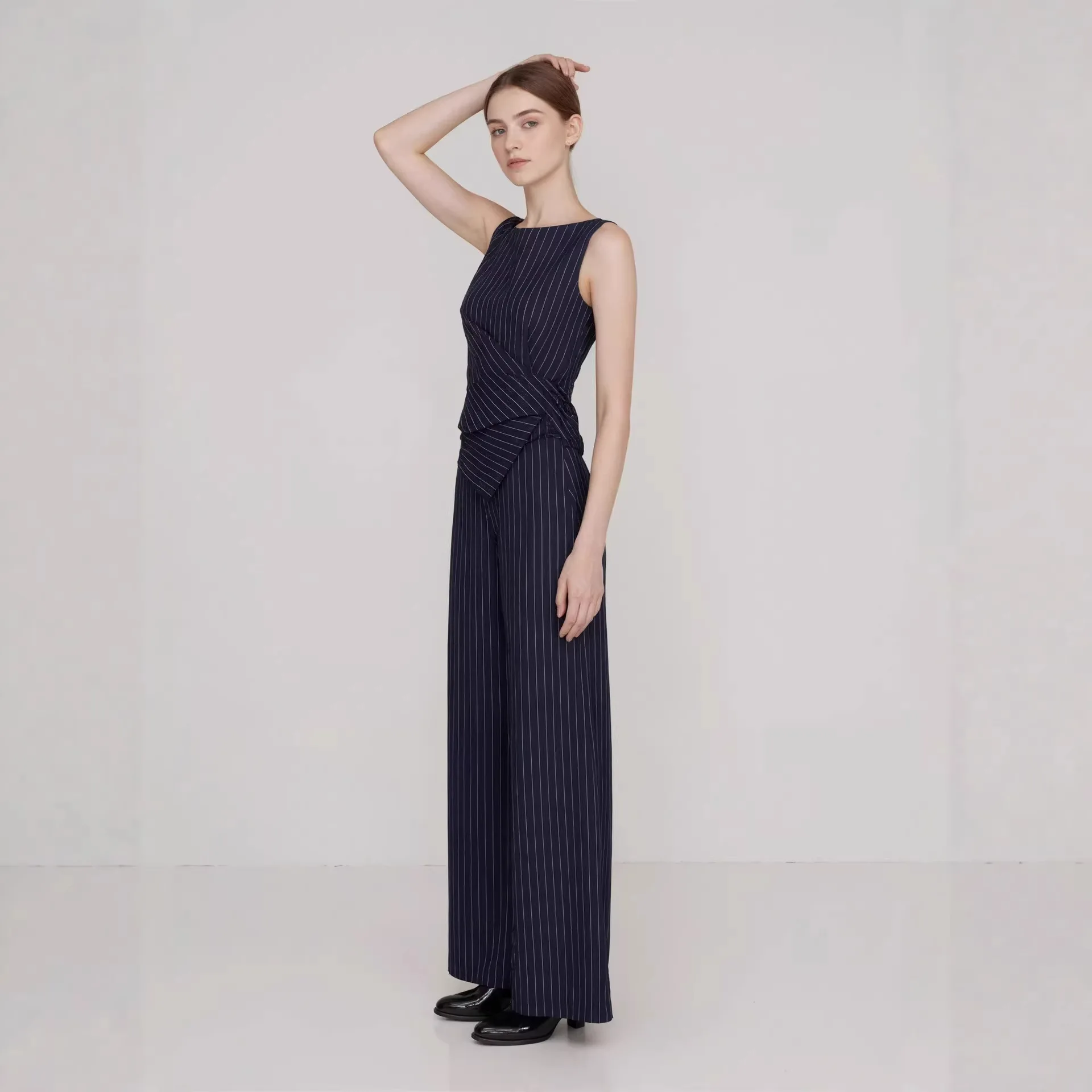 Professional Women's Suit With Striped Fashion Sleeveless Asymmetrical Top And Straight-leg Trousers Lace Sexy