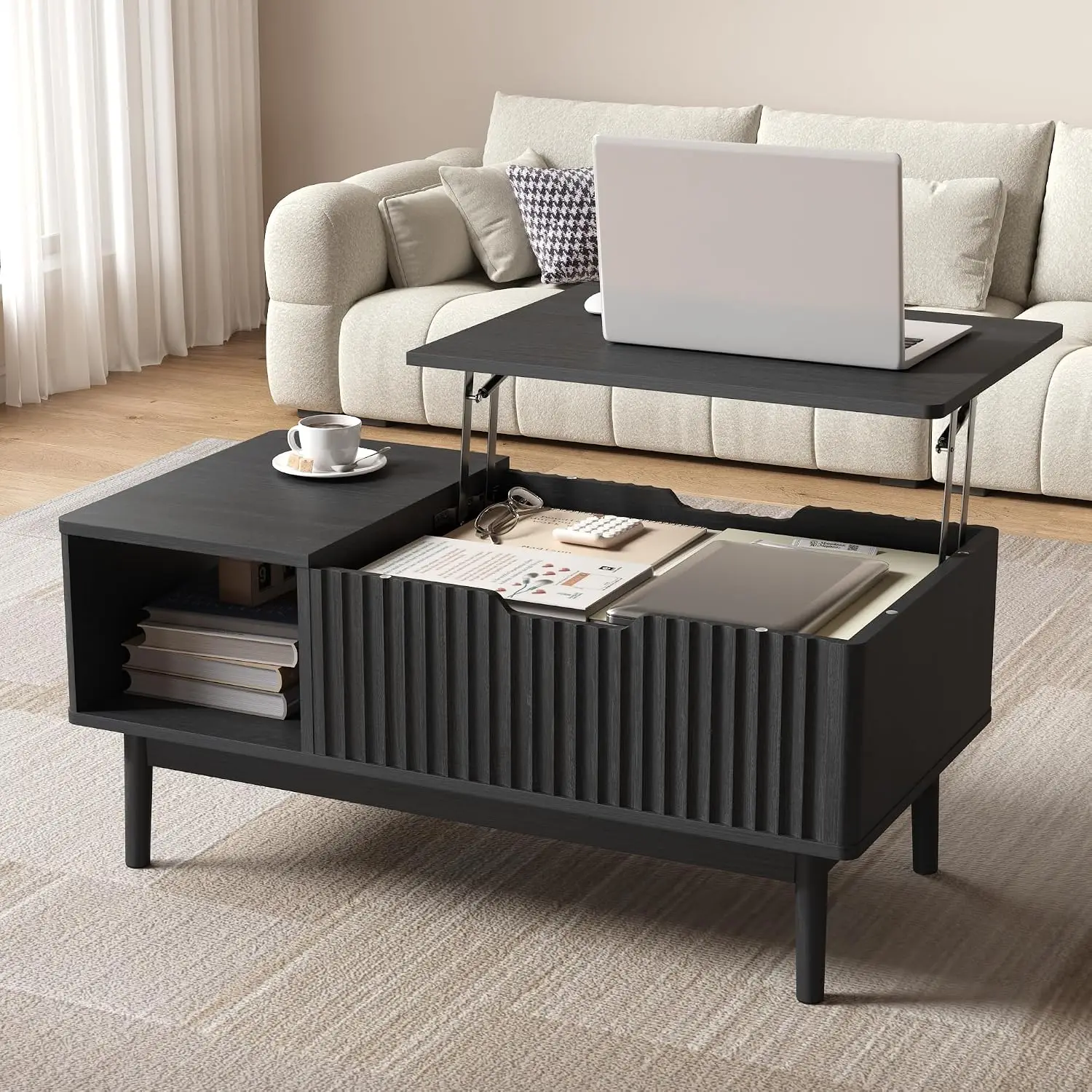 Fluted Lift Top Coffee Table with Storage 37 Inch Black, Customized