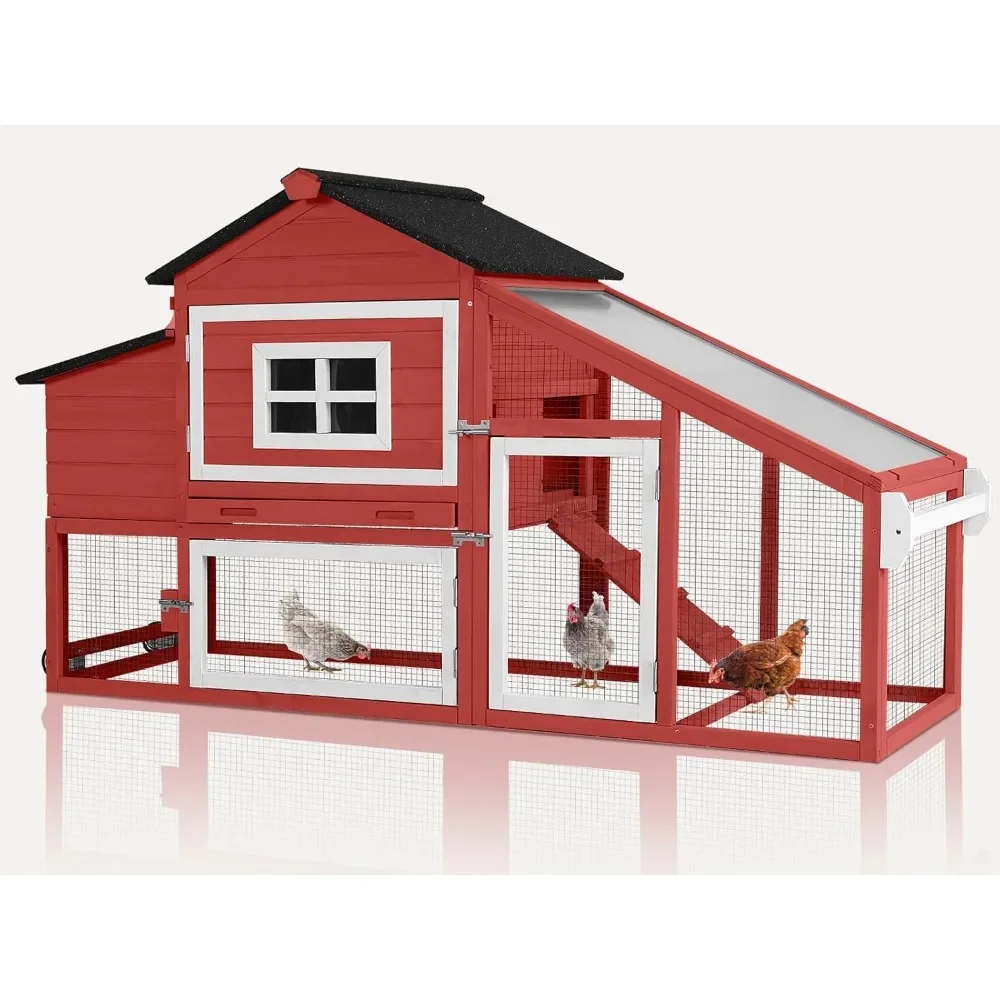 Chicken Coop with Wheels Nesting Box, Expandable Chicken House for Outdoor, Leakproof Pull-on Tray and UV-Resistant Roof Panel