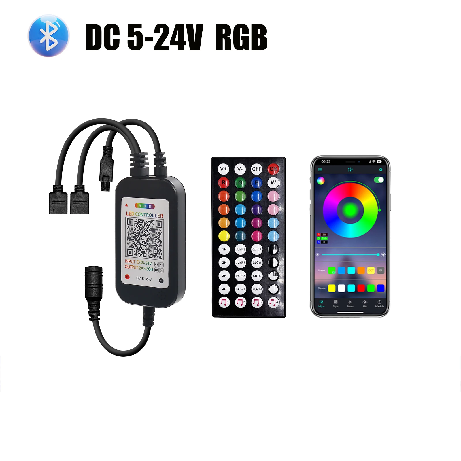 

DC 5-24V Bluetooth APP Control LED Strip Controller With 44 Key IR Remote Use For 4PIN RGB LED Light
