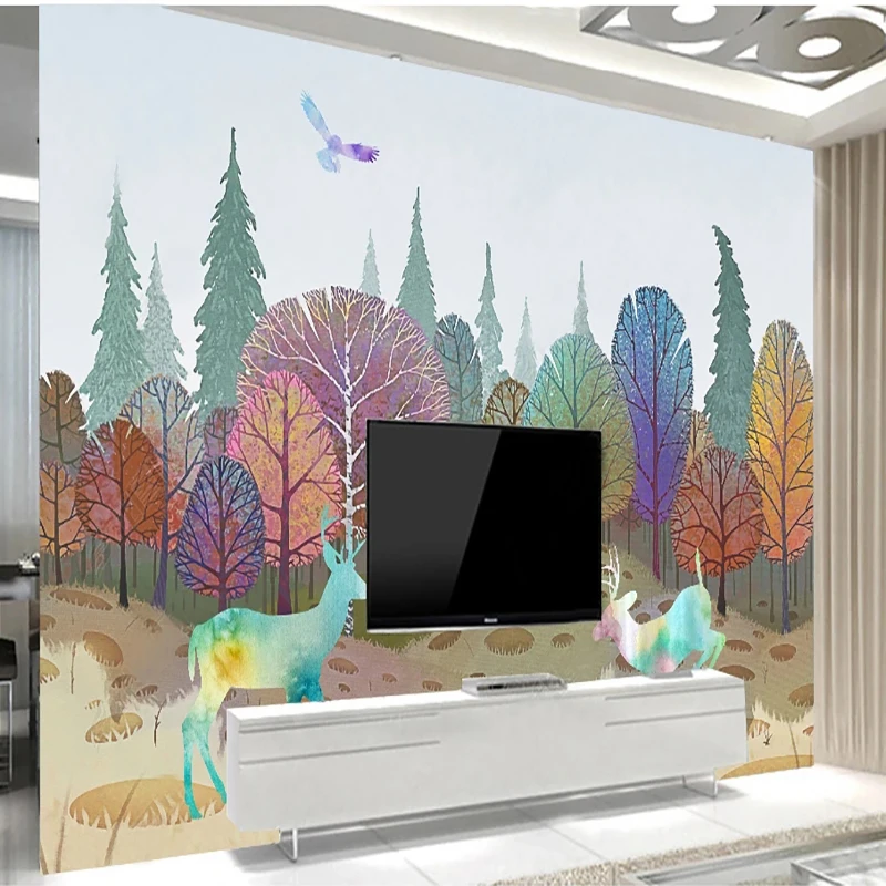 

Custom Photo Wallpaper Hand-painted Forest Sika Deer Scenery Mural Living Room TV Sofa Background Wall Decor Papel De Parede 3D