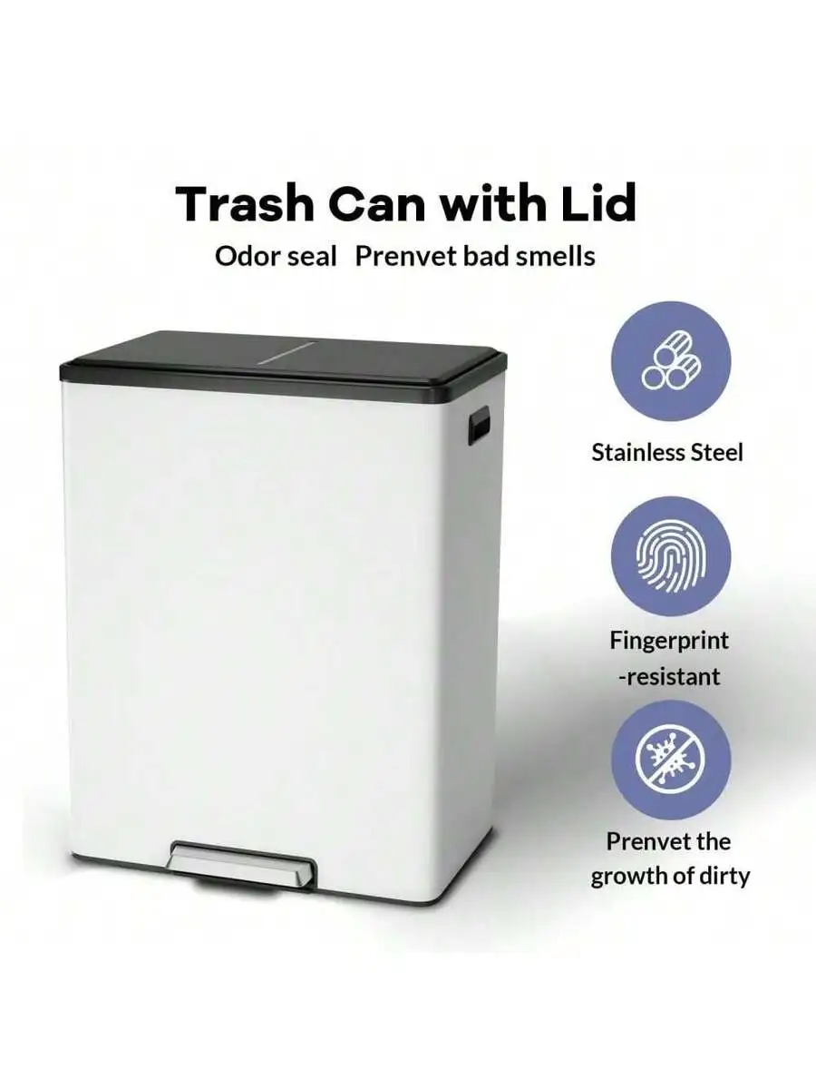 

60L Rectangular Step Trash Can With Lid Stainless Steel Hands-Free Pedal Bin For Kitchen Bathroom
