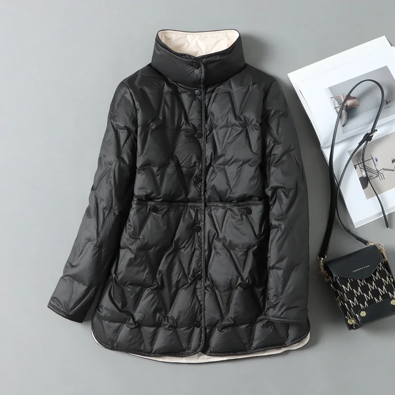 2024 New Autumn Winter Women Ultralight White Duck Down Long Jacket Female Single-Breasted Double Sided Puffer Coat B340