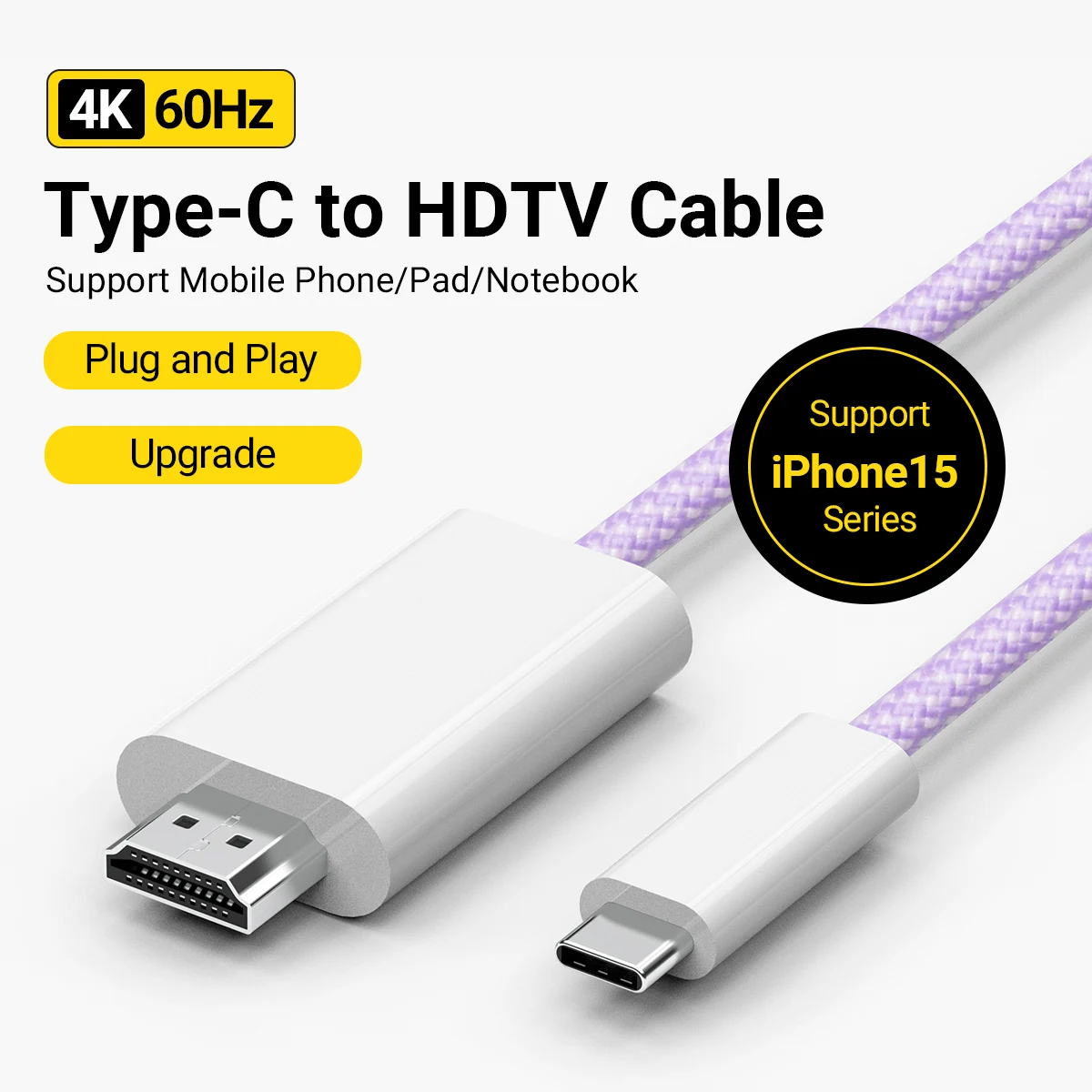 

4K60Hz USB C To HDMI Cable, 6Ft/70.86In/1.8M Plug & Play Type-c to HDTV Color Cable, Compatible For Laptop,MacBook,IPad,IPhone