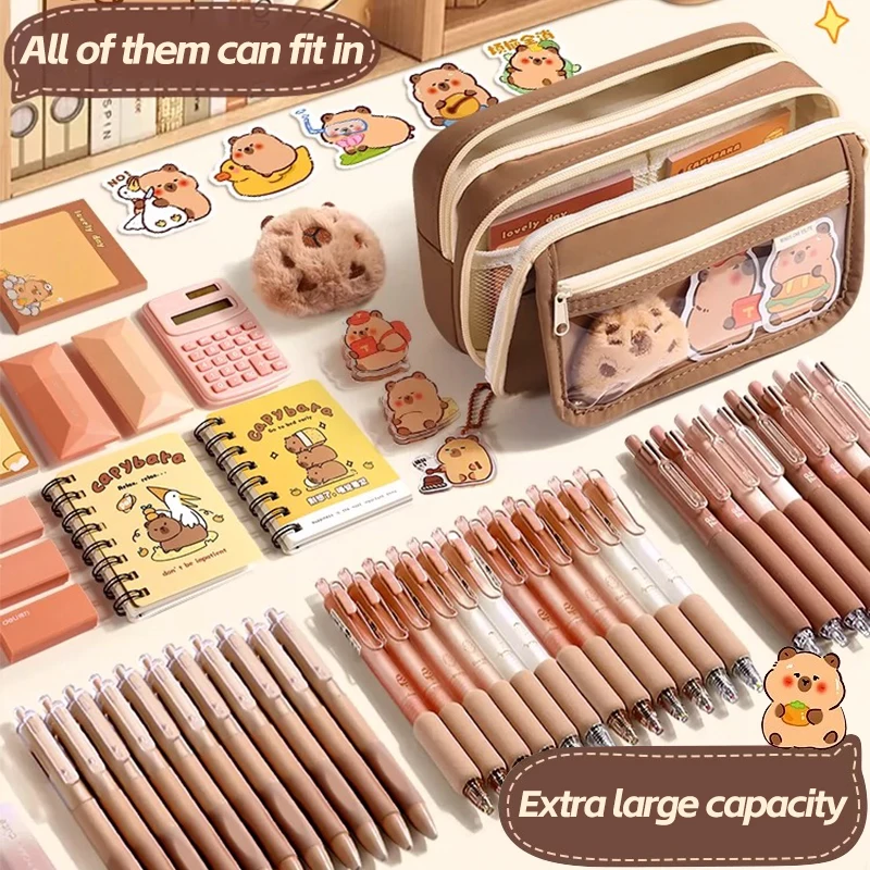 Cute capybara 8-Piece Pencil Box Set, Large Capacity Multi Layer, Canvas Bag, Stationery Storage Box, Suitable for Daily Storage