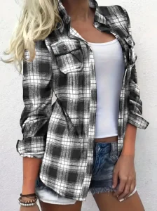 

Plus Size 1XL-5XL Women Soft Polyester Fabric Plaid Shirt Casual Fall/Winter Style Machine Washable Button-Up Design Shirt