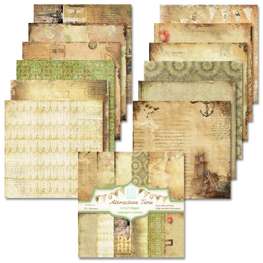 24 Sheet Scrapbook Paper 30x30cm, 12 Inch Junk Journal Planner Paper Pad Cardstock Card Making DIY Art Craft Decoration