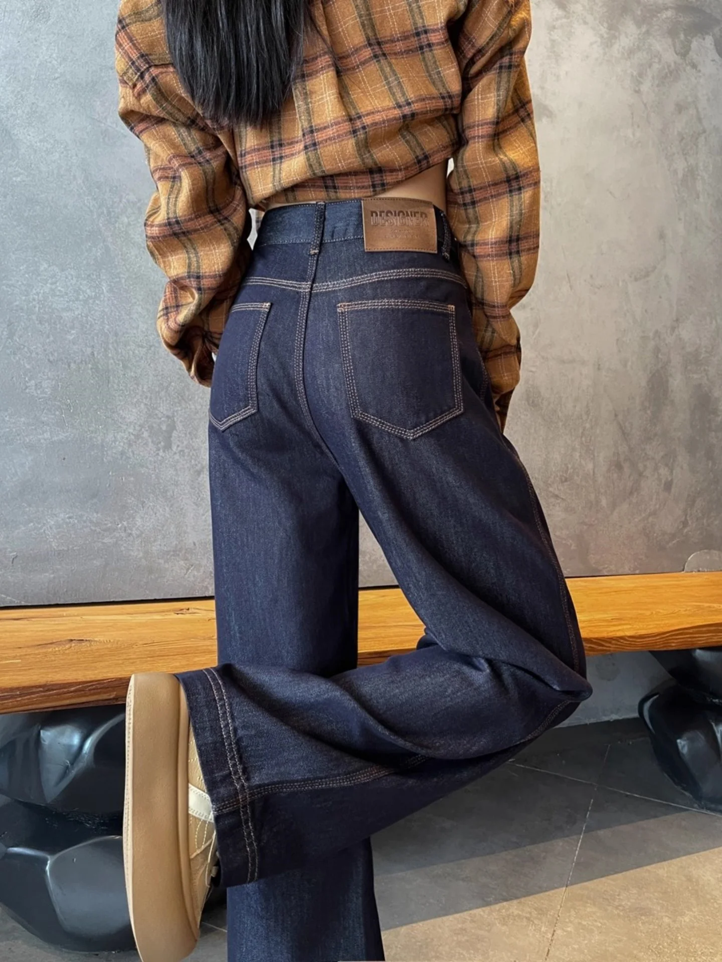 

Deep Blue High Waist Straight Leg Denim Jeans Women's Spring Autumn Wide Leg Pants Slimming Effect Washed Cotton Jeans