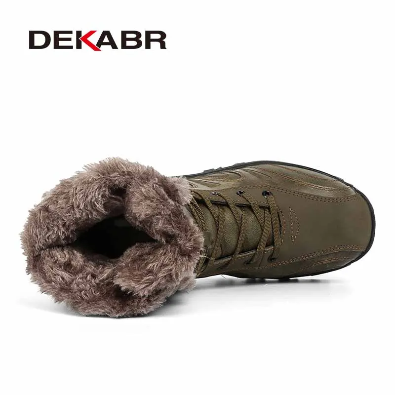 DEKABR Men Winter Ankle Snow Boots Thick Fleece Lining Cow Leather Upper Non‑Slip Rubber Sole Lace Up Shoes