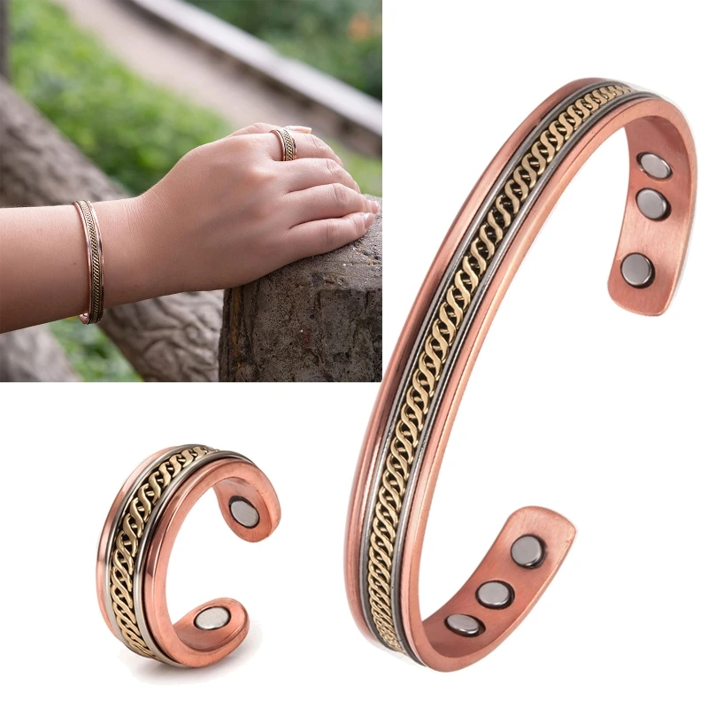 2x Copper Jewelry Set for Women Twisted Open Cuff Bangle Adjustable Copper Magnet Bracelet Ring Arthritis