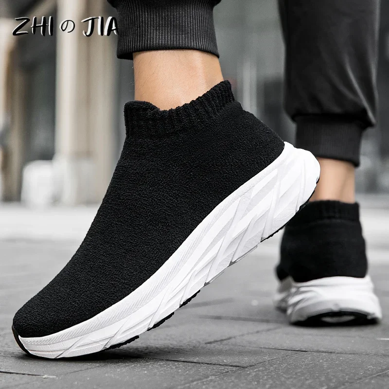 Winter New Plush Sneaker Couple Outdoor Leisure Lightweight Comfortable Walking Shoes Knitted Fabric Thick Sole Warm Footwear