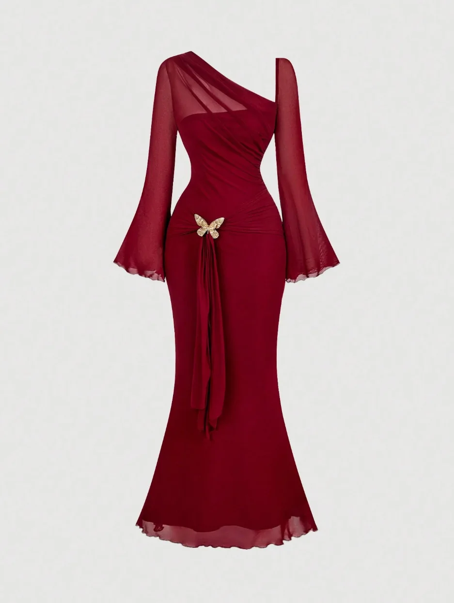 

Women's Solid Color Mermaid Gown Sheer Bell Sleeve Ruched Waist Butterfly Decorate Stylish Elegant Formal Evening & Prom Dress