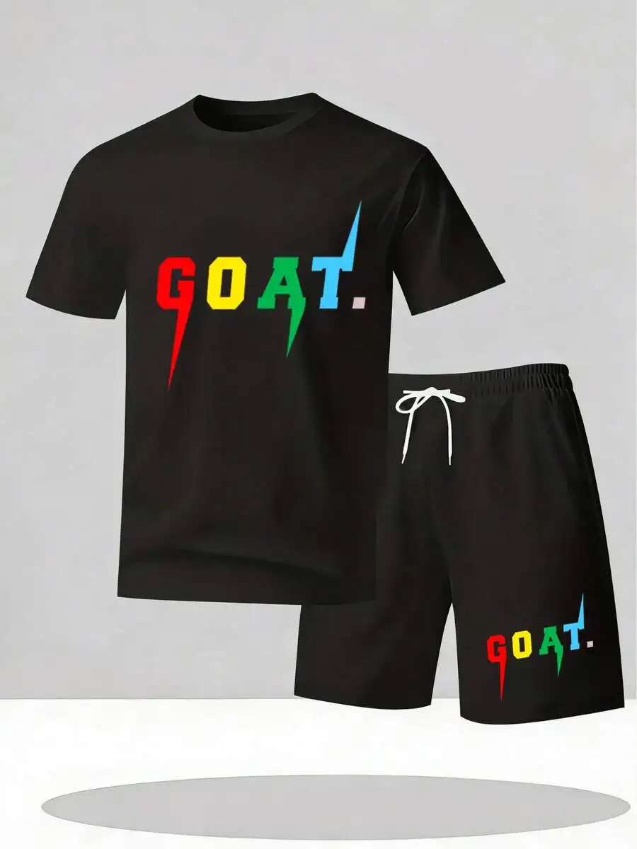 

Mens Black GOAT Print Short Sleeve T-Shirt And Shorts Set Casual Two-Piece Outfit
