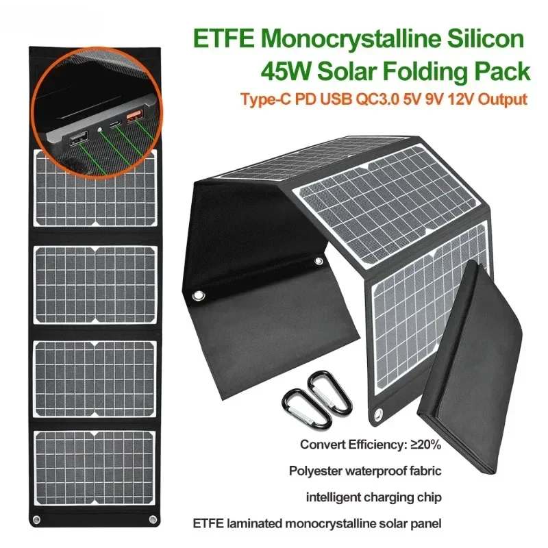 

ETFE Monocrystalline Solar Folding Pack 45W Photovoltaic Cell Type C PD USB QC3.0 5V 9V 12V Output Outdoor PV Plate Fast Charger