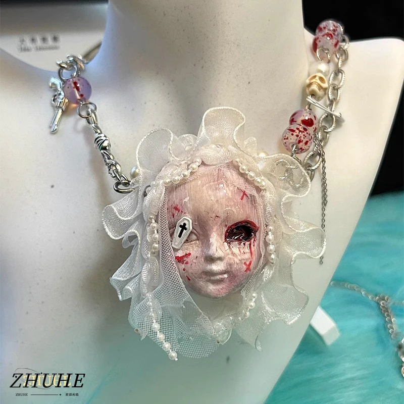 

ZHUHE Gauze Baby Face Necklace New Gothic Style For Women Men Jewelry Accessories Party Gift To Girlfriend