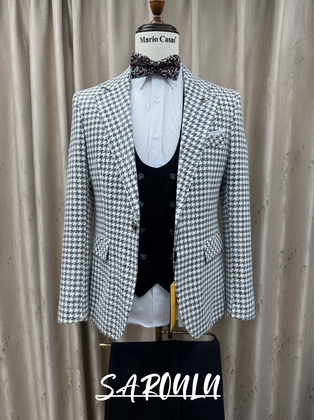 

Chic Classic Houndstooth Pattern Men's Single Breasted Suit Blazer Wedding Party Date Formal 3 Pieces Outfit Handsome Tuxedo