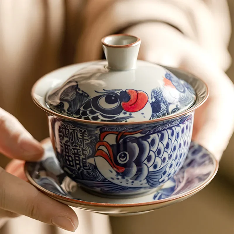 130ml Chinese Blue and White Ceramic Tea Tureen Handmade Fish Gaiwan Beauty Tea Infuser Teacup Household Tea Bowl Teaware